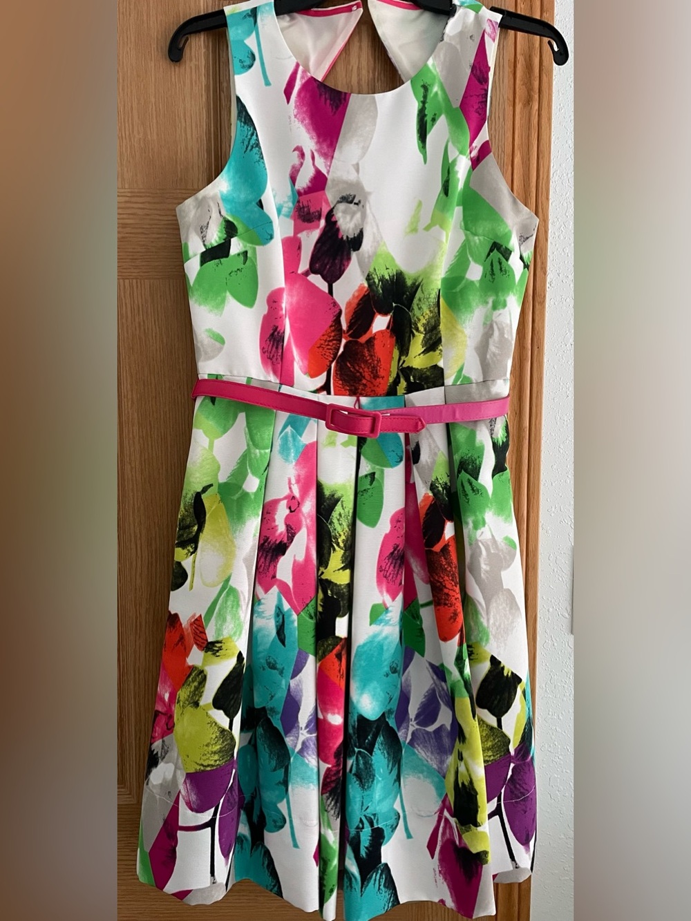 Eliza J White Floral Fit-and-Flare Dress with Pink Belt
